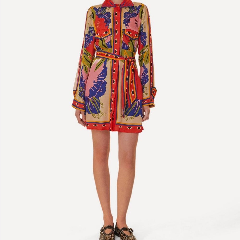 FARM Rio Sand Surreal Scarf Shirt Dress Multicolor Floral Long Sleeve Dress